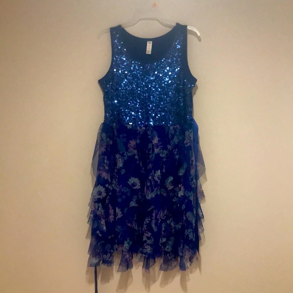 Blue sequinned dress with flowers - Picture 1 of 4
